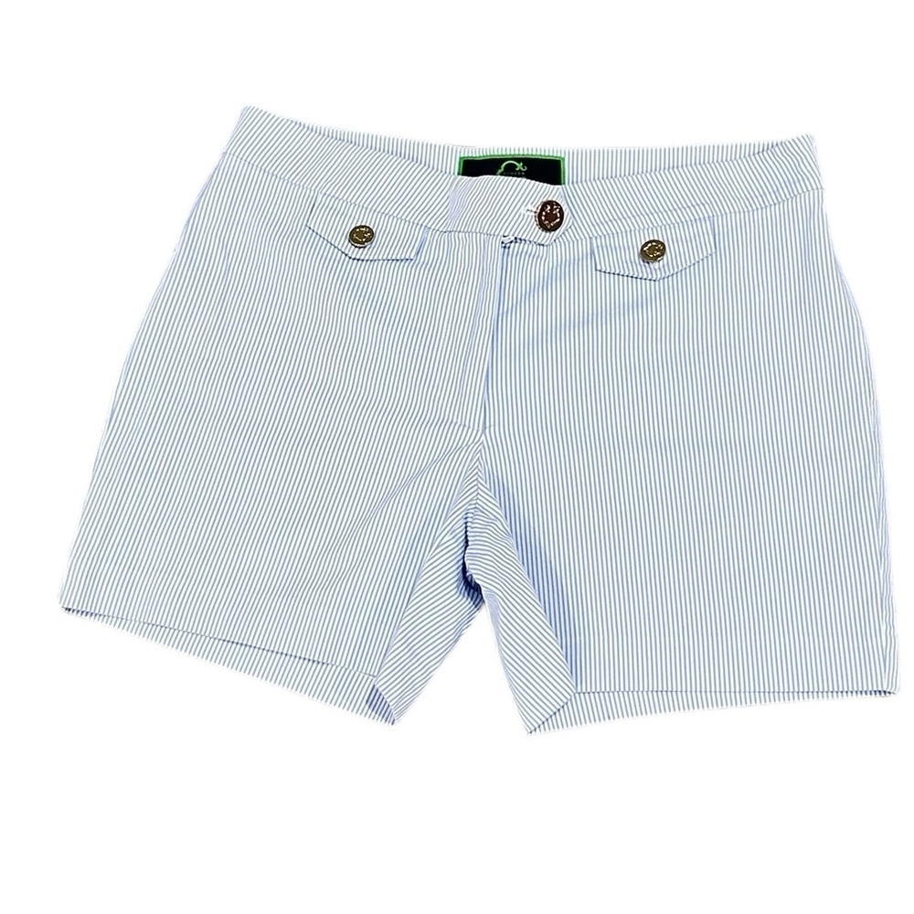 C wonder blue stripe short shorts goldtone buttons stretch cotton flap pockets 4